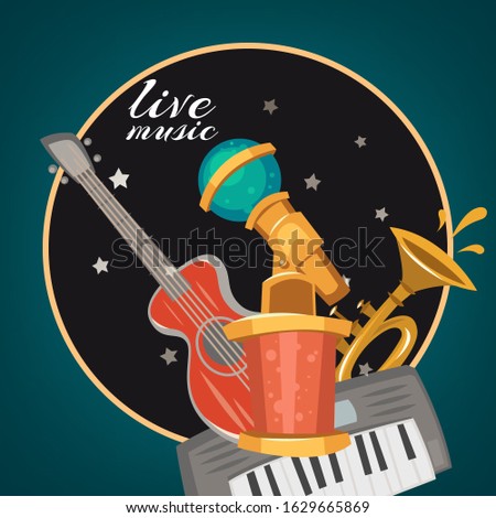 Live music party or karaoke club vector logo or banner illustration with microphone, guitar, electro piano and nigt sky badge. Live music invitation or badge.