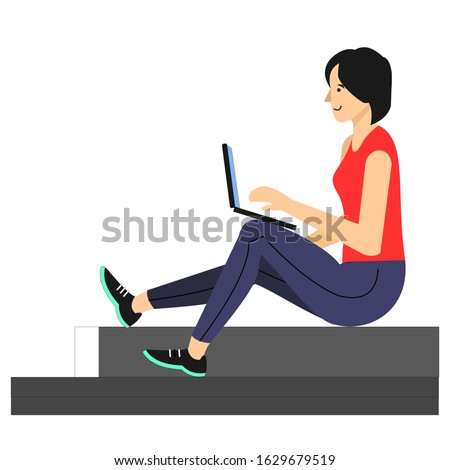 People sit on the floor and work with laptops. Vector illustration of a flat woman relaxing on the steps of the house.