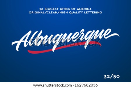 Albuqerque, USA hand made calligraphic lettering in original style. US cities typographic script font for prints, advertising, identity. Hand drawn touristic art in high quality. Travel and adventure