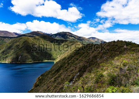 Amazing view of lake of the Quilotoa caldera. Cuicocha is the western volcano in Andes range and is located in andean region of Ecuador. Otavalo, South America