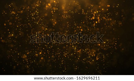 golden particles shining stars dust bokeh flare glitter awards dust abstract background. Futuristic glittering in space on black background. Royalty-Free Stock Photo #1629696211