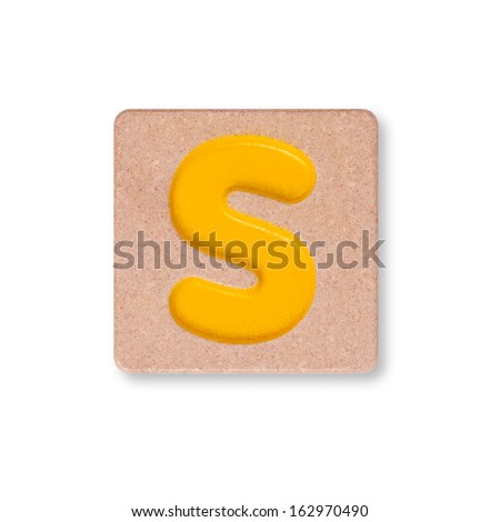 Letter S on wooden block isolated on white background