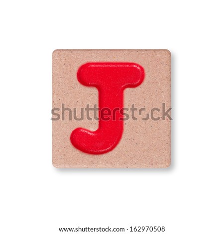 Letter J on wooden block isolated on white background
