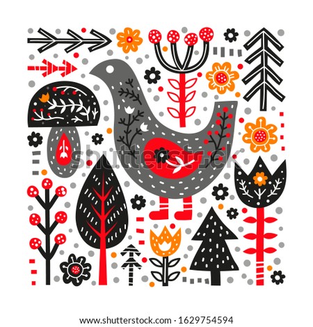 Doodle poster with bird, forest trees, flowers, mushroom, dots and Nordic ornaments in Scandinavian folk art style isolated on white background. Perfect for posters, cards, banners, textile prints.
