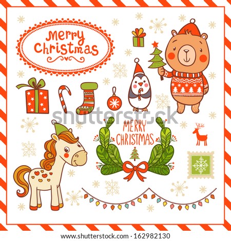 Set of Christmas and New Year's graphic elements with horse, penguin, bear. 