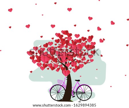 illustration of love and valentine day, bike and a tree made out of hearts. paper art and digital craft style.