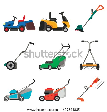 Lawnmower icons set. Flat set of lawnmower vector icons for web design