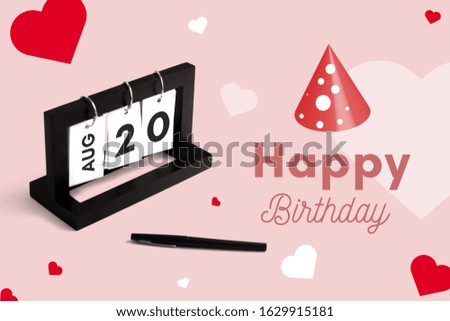 August 20th calendar for anniversary. Day 20 of month. Birthday card message for print.