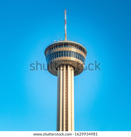San Antonio city skyline Tower of America Hemisfair observatory tower and bright blue sky