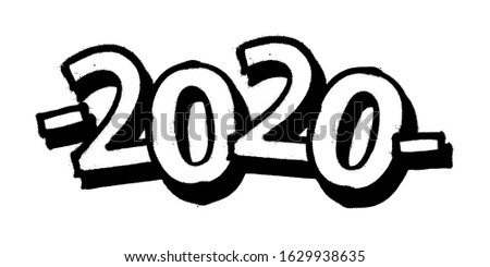 Sprayed 2020 tag graffiti with overspray in black over white. Vector illustration.