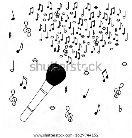 Illustration of musical symbols,vocal school for logotypes of shop, school, course. Printing for card, poster, dish,clothes, magazine, book.