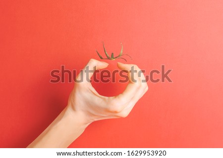 Invisible tomato. Creative concept. Illusion. Hand and tomato tail on red background. Copy space. Place for text. Royalty-Free Stock Photo #1629953920