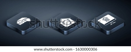 Set Isometric House under protection, Computer monitor with smart home and House under protection icon. Vector