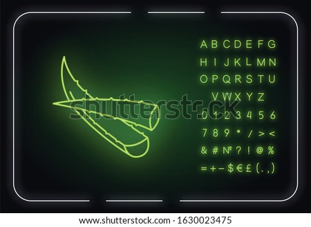 Aloe vera neon light icon. Cut succulent leaves. Sliced cactus thorns. Medicinal herbs. Outer glowing effect. Sign with alphabet, numbers and symbols. Vector isolated RGB color illustration