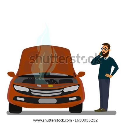 Man looking under the hood of his wrecked car, covered in steam and smoke. A man calls the rescue Service to help. Vector illustration.