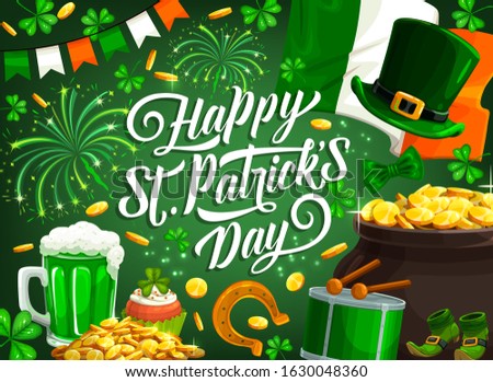 Patrick day, Irish traditional holiday, vector shamrock clover and fireworks. Saint Patrick luck symbols of golden horseshoe, leprechaun gold coins in cauldron, Ireland flag and green ale beer mug