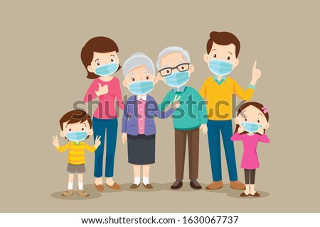 family wearing protective Medical mask for prevent virus Wuhan Covid-19.Dad Mom Daughter Son wearing a surgical mask. Royalty-Free Stock Photo #1630067737