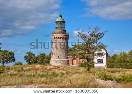 Hammeren Lighthouse (Hammeren Fyr) deactivated in 1990, located on the Hammeren peninsula on the northwestern tip of Bornholm island, Denmark.