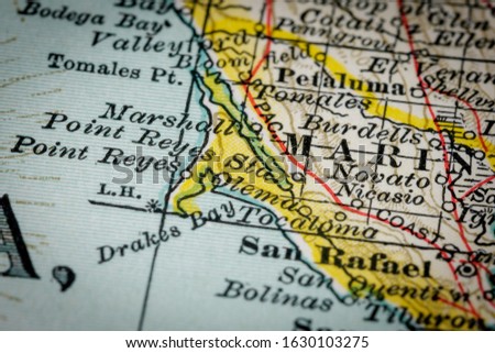 Marin County - Northern California. Narrow selective focus from map fragment originally dated 1897. Royalty-Free Stock Photo #1630103275