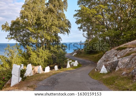 Narrow winding road with white painted stones on the side leading to the tip of northernmost coast of Bornholm island, Denmark.