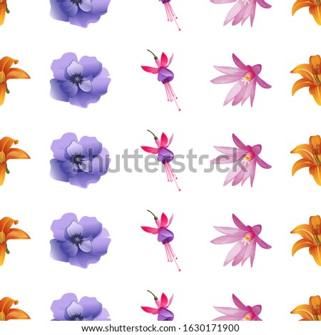 Orange Daylily. Violet Anemone. Pink and Purple Fuchsia Bella. Purple Hatiora. Vector illustration. Seamless background pattern. Floral botanical flower. Wild leaf wildflower isolated. Exotic.