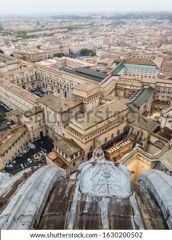 View from the top of The Papal Basilica of St. Peter in the Vatican (Italian: Basilica Papale di San Pietro), a church in the Renaissance style in Vatican City, The Sistine Chapel Royalty-Free Stock Photo #1630200502
