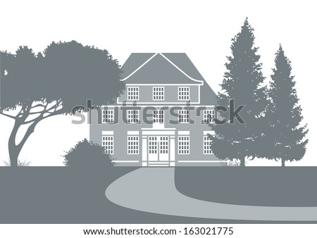 stylized vector illustration showing an old classic mansion in a park with plants and trees