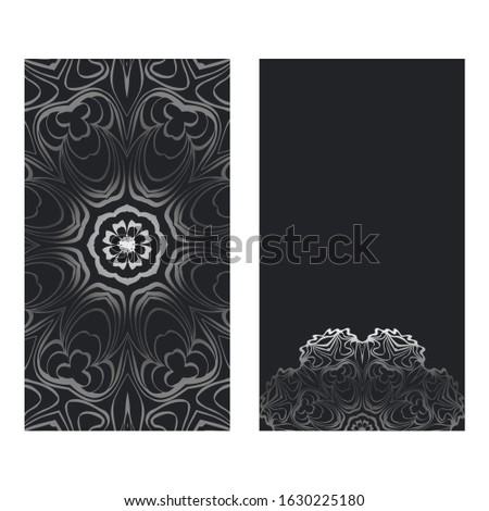 Visit Card Template With Floral Mandala Pattern.  Template. Islam, Arabic, Indian, Mexican Ottoman Motifs. Hand Drawn Background. Black silver color.