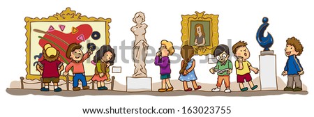 Kindergarten children from school are having an educational study field trip at the art gallery museum with abstract paintings and statue, create by cartoon vector Royalty-Free Stock Photo #163023755