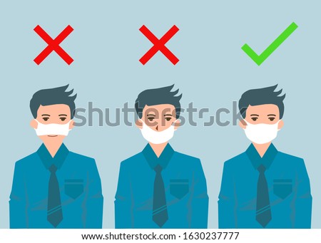 There’re three men showing how to wearing protective mask correctly. The first and the second are wrong the third is right way to avoiding air pollution or avoiding viruses or illness. Royalty-Free Stock Photo #1630237777