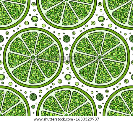 Lime seamless pattern. Citrus fruit on a green background. Elements for menu, greeting cards, wrapping paper, cosmetics packaging, posters etc