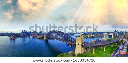Aerial view of Sydney Harbour at sunset, Australia