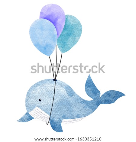 watercolor flying dolphin, dolphin flying on air balloons, isolated on white background 