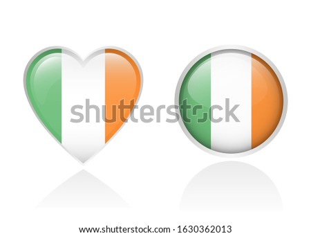 Flag of ireland in the shape of a heart and circle isolated on white background, icon, badge.