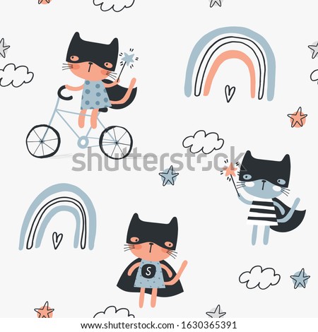 Seamless childish pattern with funny kitty - Super hero. Creative scandinavian kids texture for fabric, wrapping, textile, wallpaper, apparel. Vector illustration in pastel colours.