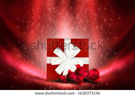 Valentine's day, romantic scene with flowers and hearts. Red festive background.