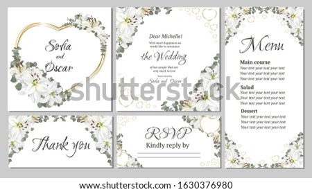 Elegant template for invitation in floral design. Gold frame in the shape of a heart, white lilies, eucalyptus, green leaves. Invitation card, thanks, rsvp, menu.