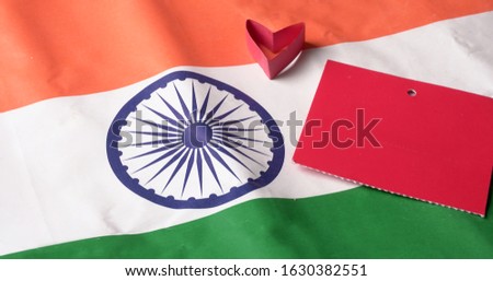Indian Flag with blank Tag. Flat lay top view copy space for text.