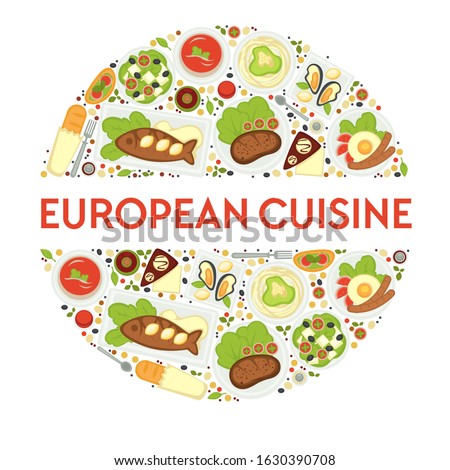 European cuisine banner, icons set in circle. Sausages with fried eggs for English breakfast, gazpacho cold tomato soup, baked fish and sour cream sauce, chocolate cake sachertorte, top view. Vector.