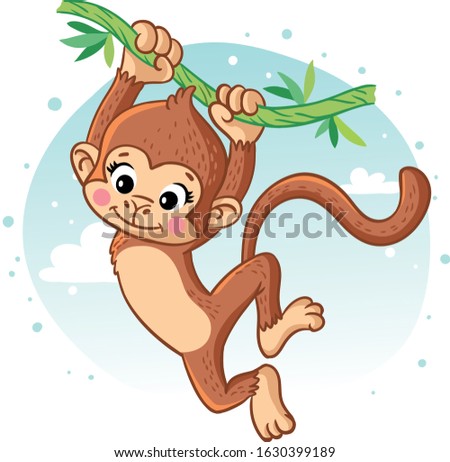 Adorable exotic animals in tropical forest or rainforest full of palm trees and lianas. Flora and fauna of tropics. Cute funny inhabitants of jungle. Cartoon colorful vector illustration.