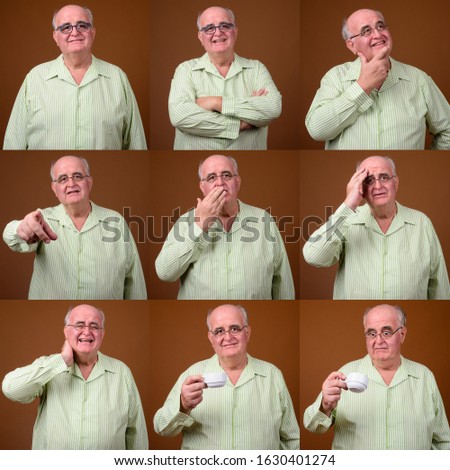 Collage of overweight senior man with eyeglasses
