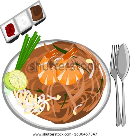 Pad Thai with Fresh Shrimp, with condiments, fish sauce, sugar, chillies and utensils, Vector illustration of stir fried thai food