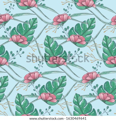 Watercolor seamless pattern with rose flowers and green leaves and branches. Hand-drawn on a blue background. For use in textiles, wrapping paper, fabrics, design, wallpapers and covers.