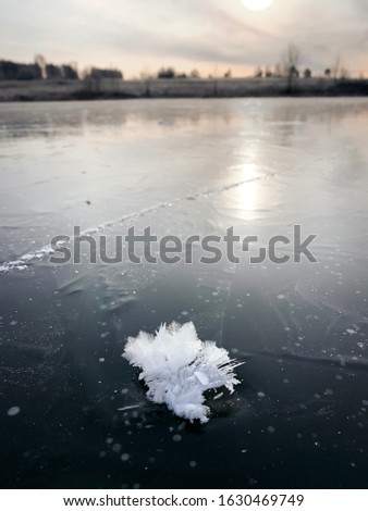 frozen lake at sunrise with snowflakes