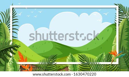 Frame design with green mountains and blue sky in background illustration