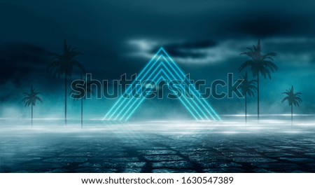 Futuristic landscape, abstract night landscape. Dark horizon.  Modern futuristic neon abstract background. Large object in the center, space background. Dark scene with neon light. 