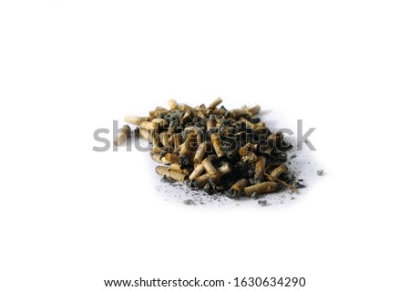 cigarette butts isolated on white background, stop smoking, bad habit. Warning picture on cigarette pack. Unhealthy life. Trash.