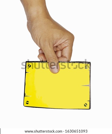 Holding a yellow blank card on a white background