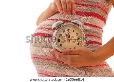The pregnant woman on a white background Wait,