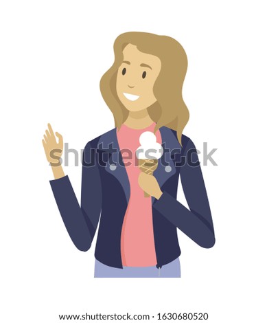 Woman holding ice-cream, closeup and portrait view of girl waving hand and eating sweet, smiling person in jacket walking, spring or summer season raster